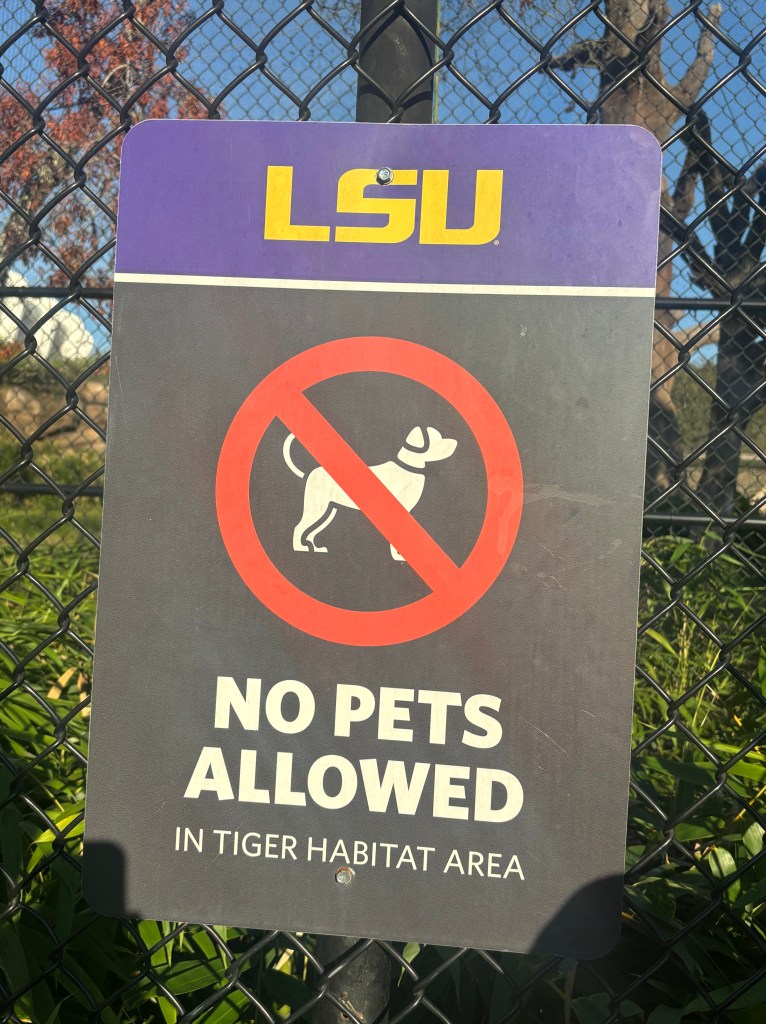 A sign outside Mike the Tiger's environment reads: "NO PETS ALLOWED IN THE TIGER HABITAT AREA."